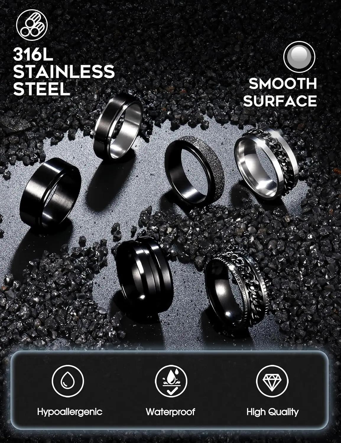 Bobisty 6 pièces anneaux Spinner noirs pour hommes femmes en acier inoxydable Fidget anxiété anti-St