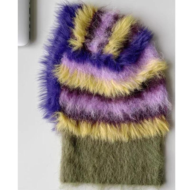 Cagoule en peluche mélangée de laine 2024, couleur contrastée, tricotée moelleuse pour femmes, prote