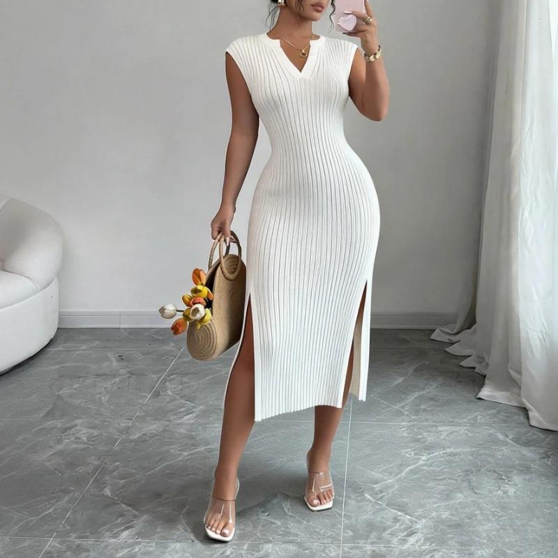 Robe longue moulante en maille blanche pour femme, col en V, sans manches, élastique, avec fente lat