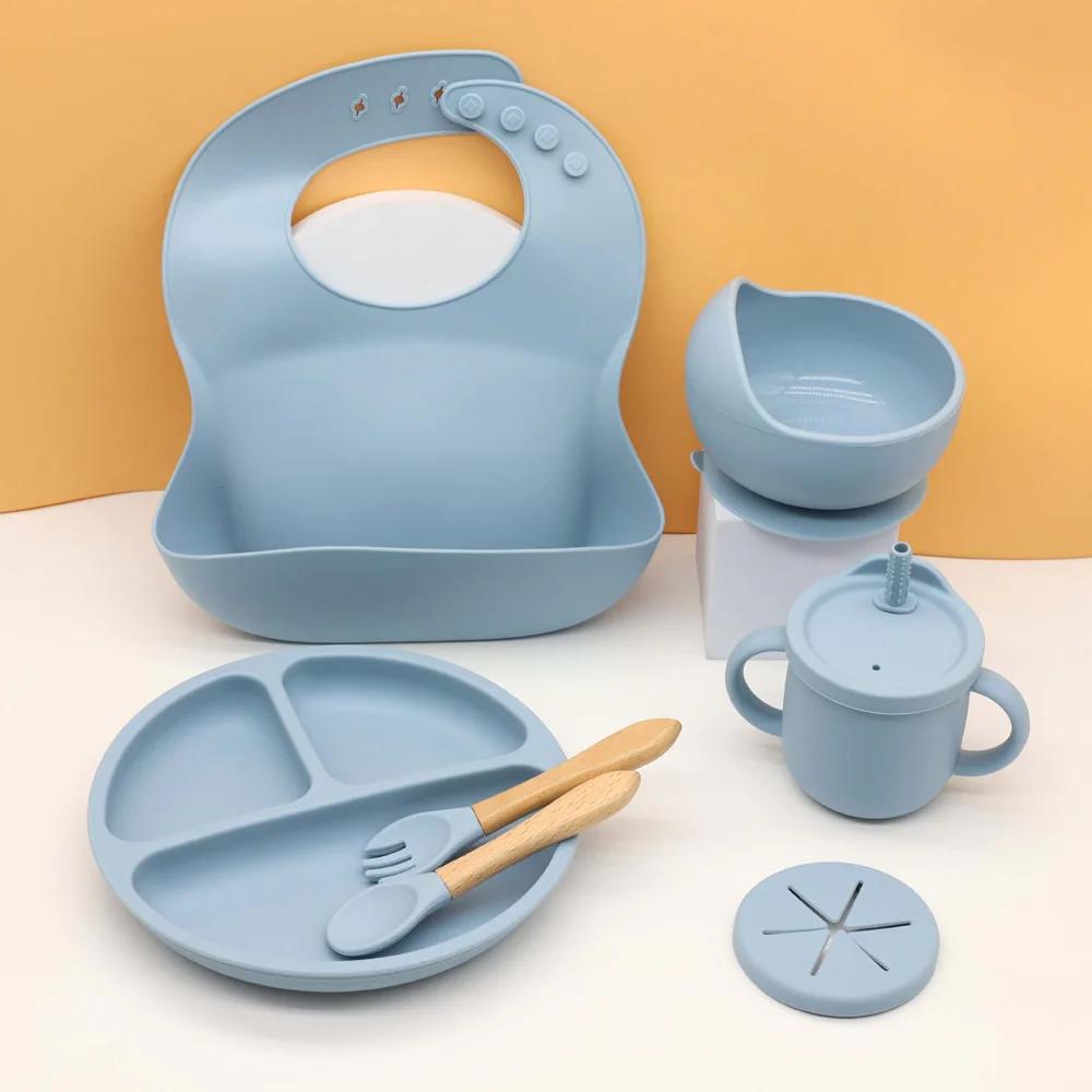 Ensemble de vaisselle en silicone pour bébé, bavoir, assiette à manger, bol avec ventouse, tasse d'e