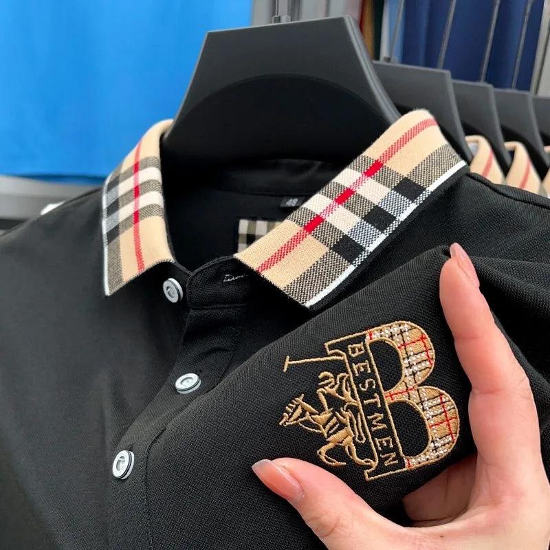 Marque de luxe à manches courtes hommes polo été haut de gamme mode plaid broderie revers t-shirt st