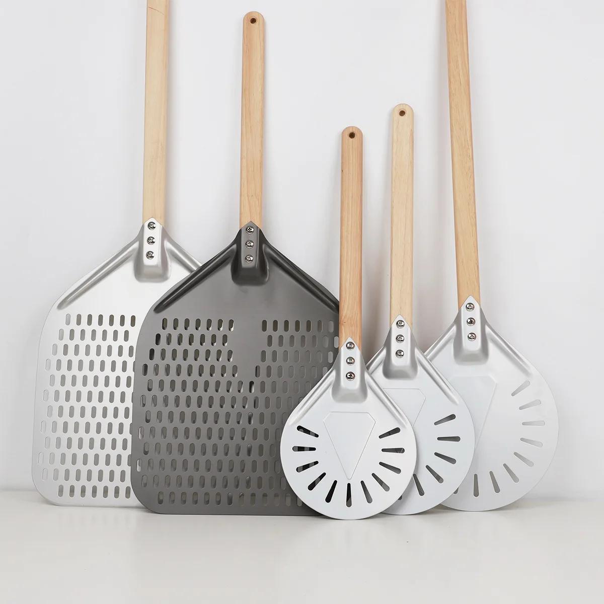 SHANGPEFATE-Pelle à Pizza Perforée UAN avec Manche en Bois Tournant, Spatules Courtes Anodisées, Out