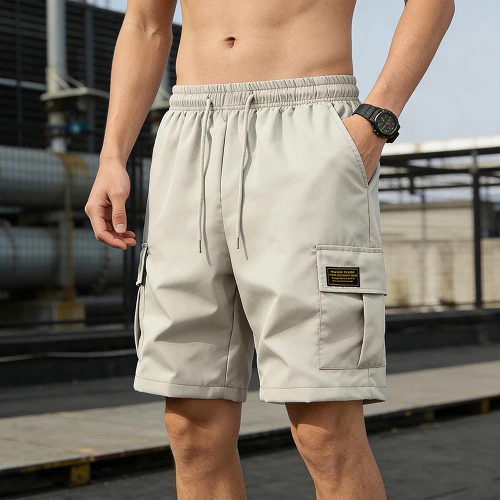 Shorts cargo d'été pour hommes, couleur unie, avec cordon de serrage, poches à rabat, décontractés, 