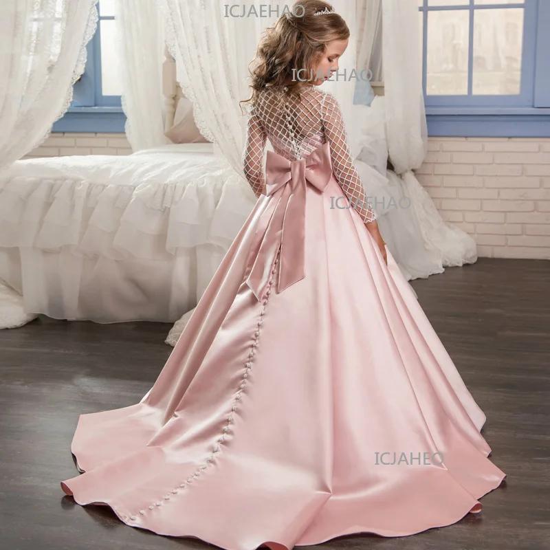 Robe de princesse pour fille 2026, style mode, en dentelle et satin, avec nœud, petite traîne et fle