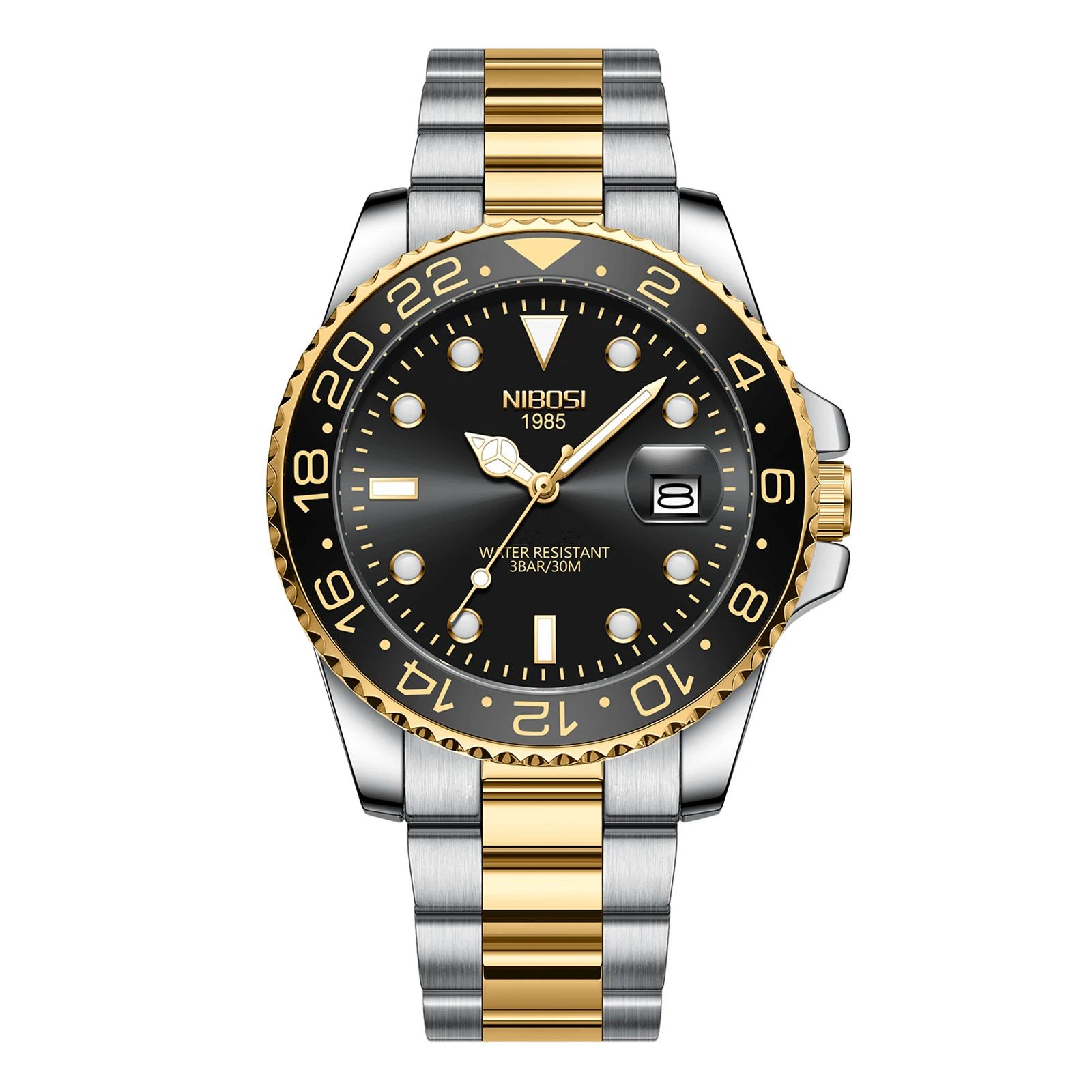 NIBOSI or noir montre hommes Top marque de luxe Quartz hommes montres étanche lumineux en acier inox