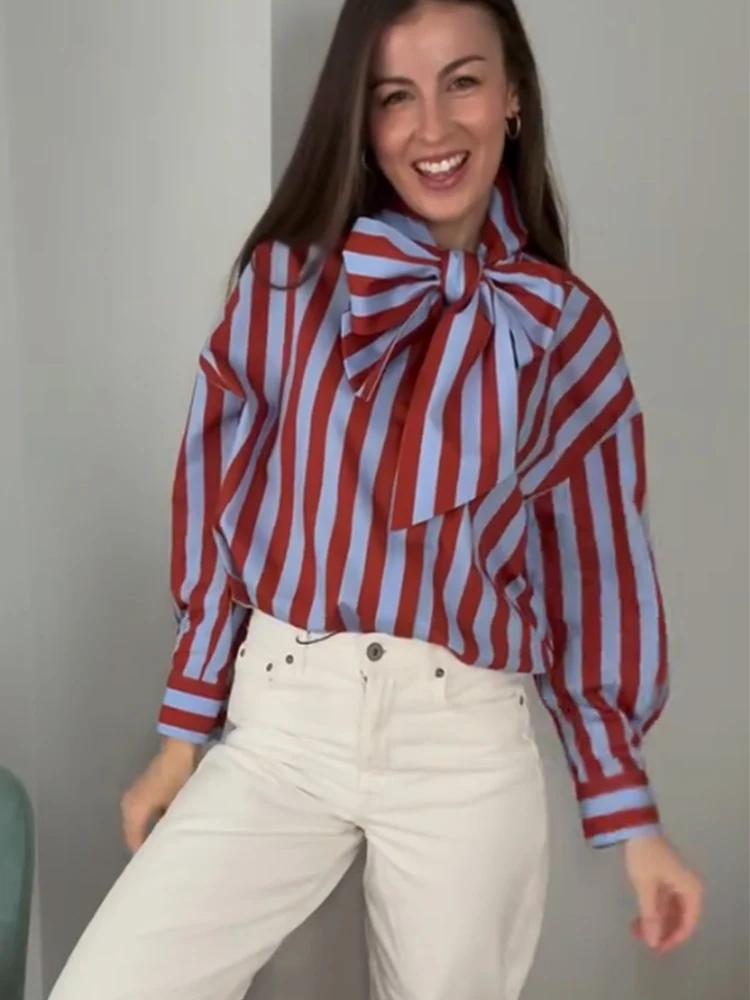 Chemisier rayé élégant à nœud papillon pour femme TFMLN, nouvelle collection printemps, chemise ampl