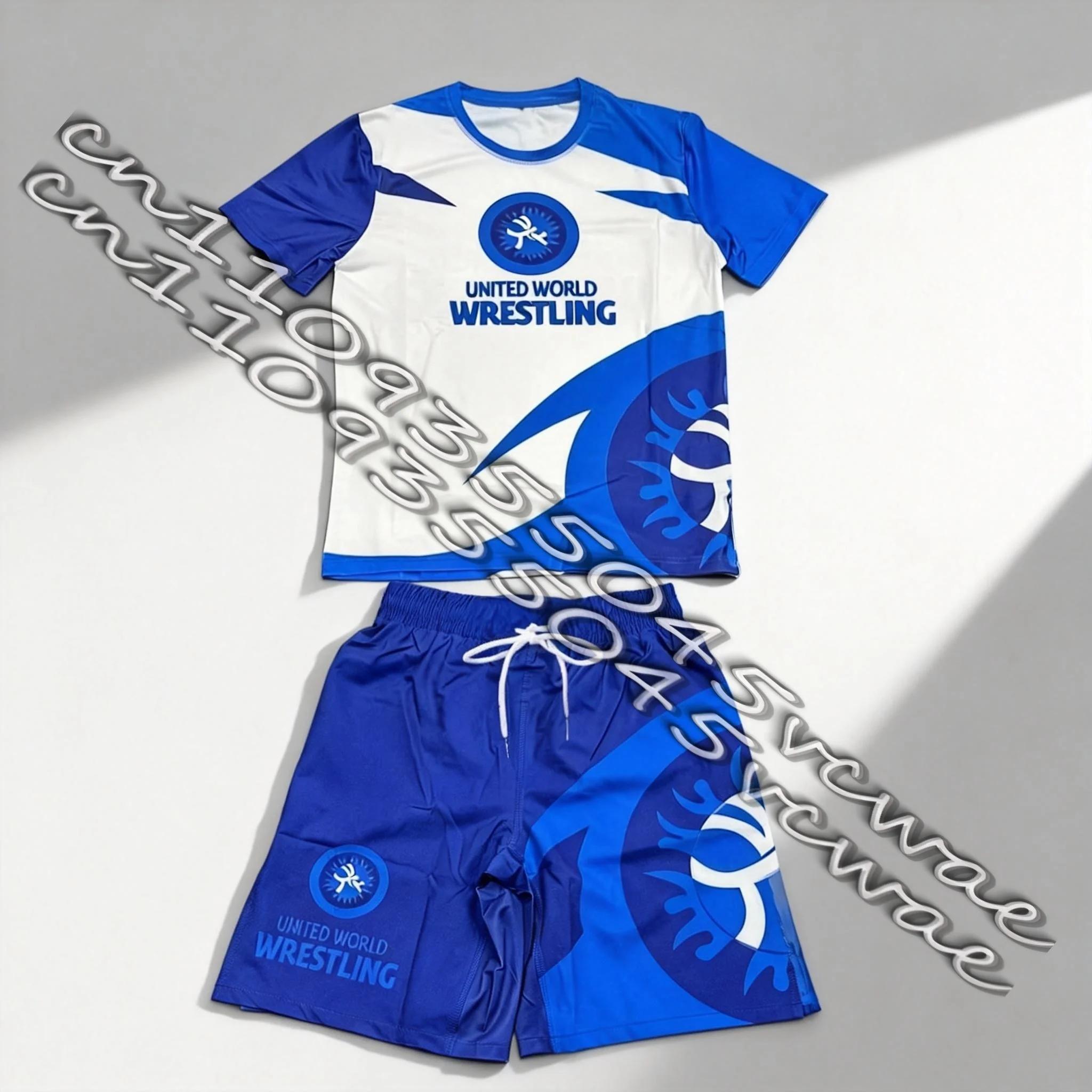 Nouvel ensemble sportif de lutte mondiale United World Wrestling pour hommes, rashguard et short gra