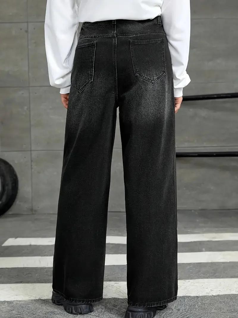 Jean à jambes larges en denim noir coupe ample pour hommes avec détails de lavage brut – Vêtements c
