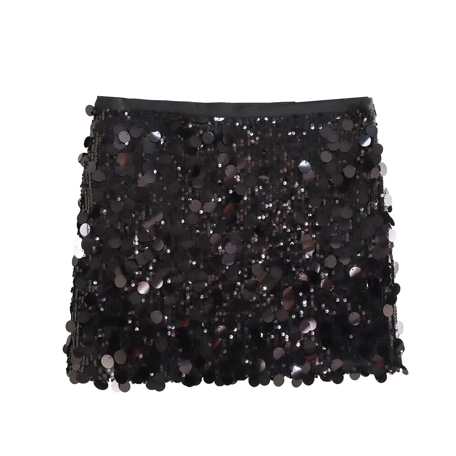 Femmes printemps automne Chic Mini jupes mode avec paillettes solide côté fermeture éclair jupe cour