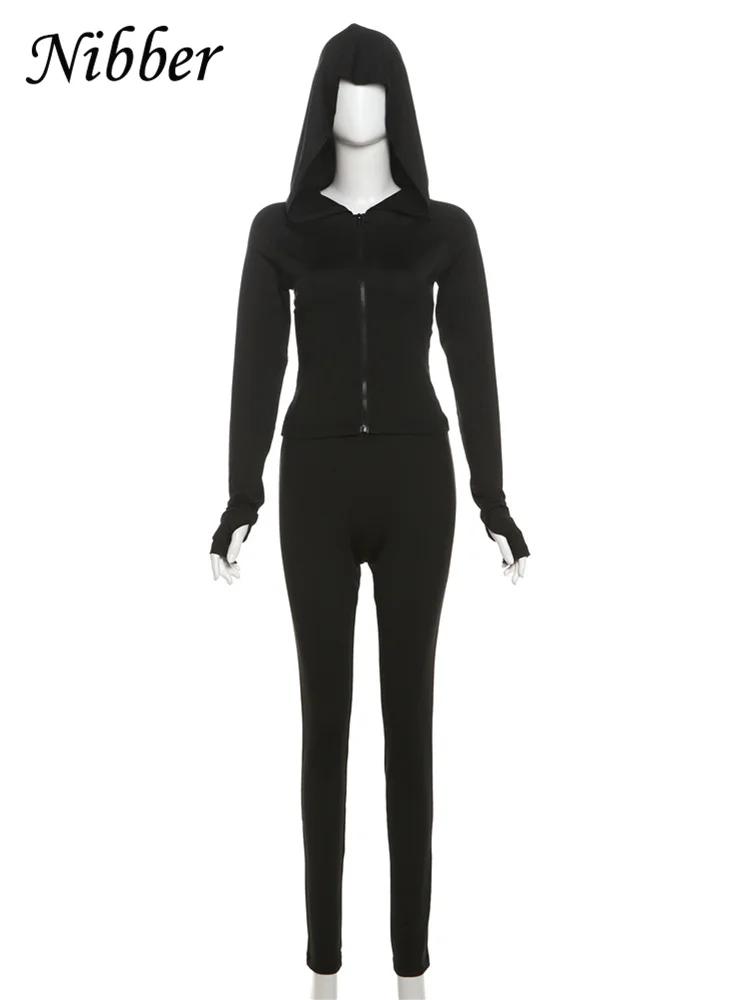 Nibber Sportif Casual 2 Pièce Ensemble Femmes Survêtement À Capuchon Zip Crop Tops + Leggings Fitnes