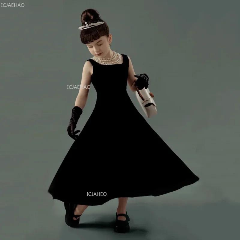 Robe de soirée vintage en velours noir pour filles, idéale pour concours de beauté, défilés de mode,