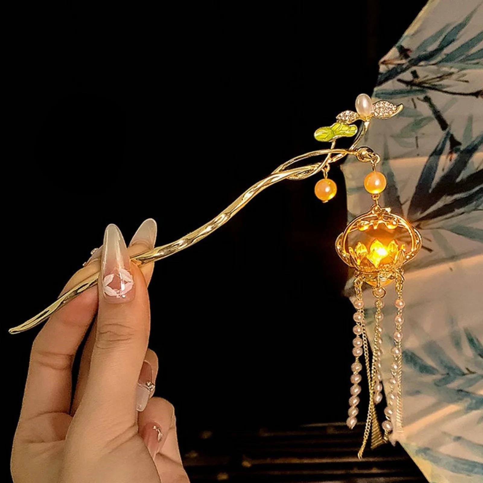 Épingle à cheveux à fleurs lumineuses pour femmes, lanterne créative en forme de Lotus, bâton à pomp