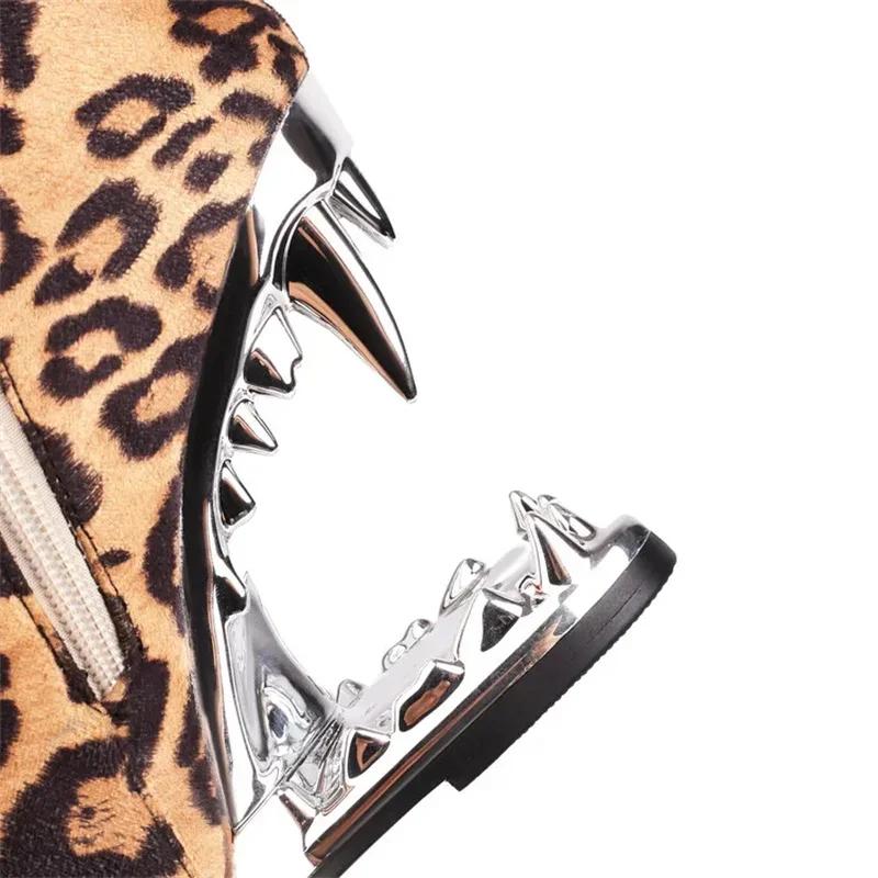 Bottes courtes en cuir à motif zèbre pour femmes, talon de dents de loup, pointu, motif léopard, cél