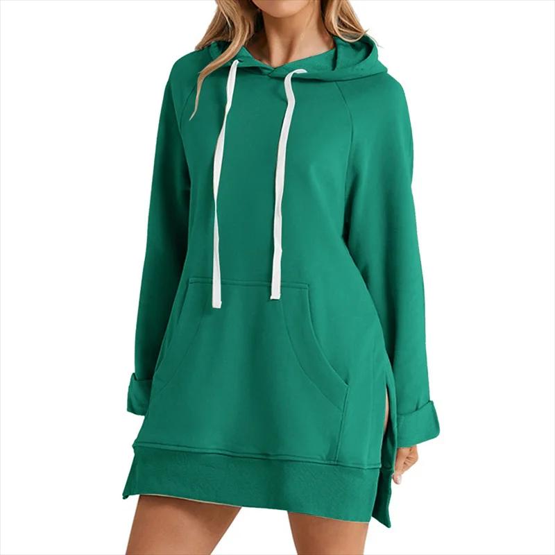 Robe à capuche pour femmes, ourlet fendu, cordon de serrage, ample avec grande poche, pull à capuche