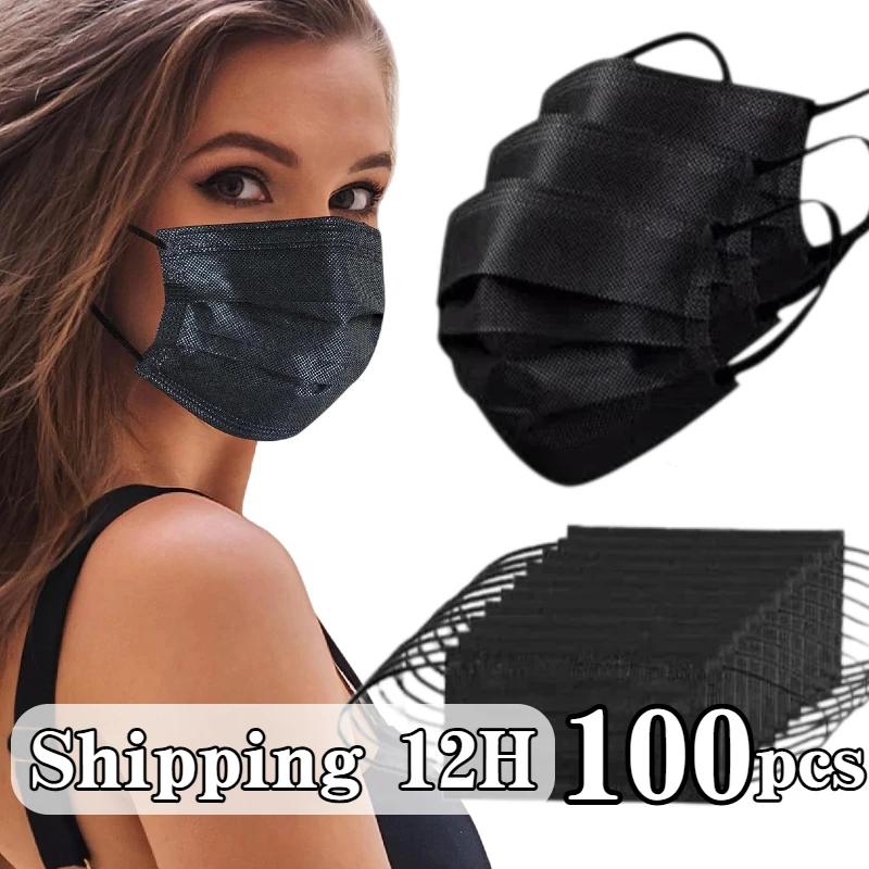 Masque de protection jetable noir, 100 pièces, 3 couches respirantes et confortables, très adapté à 