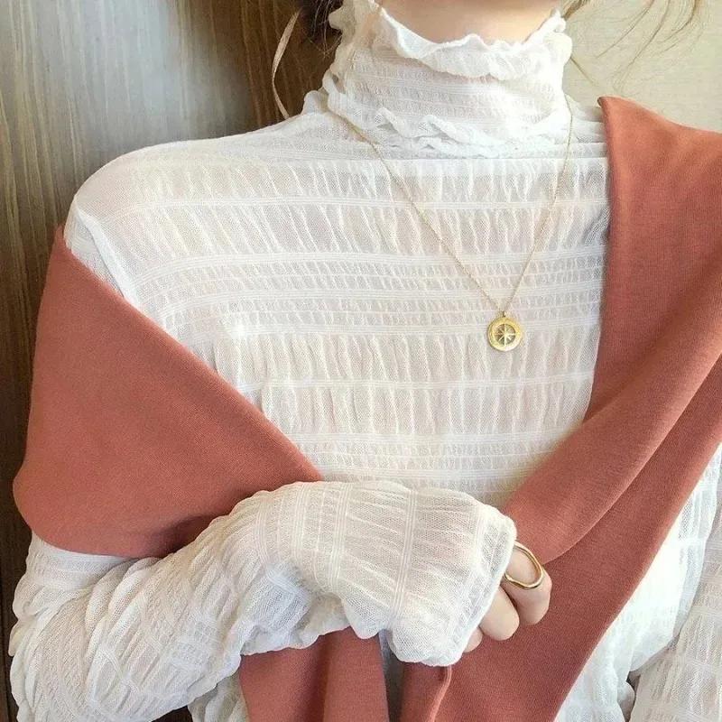 Chemise en dentelle florale pour femmes, manches longues, Sexy, chemises à bascule en maille, col mo