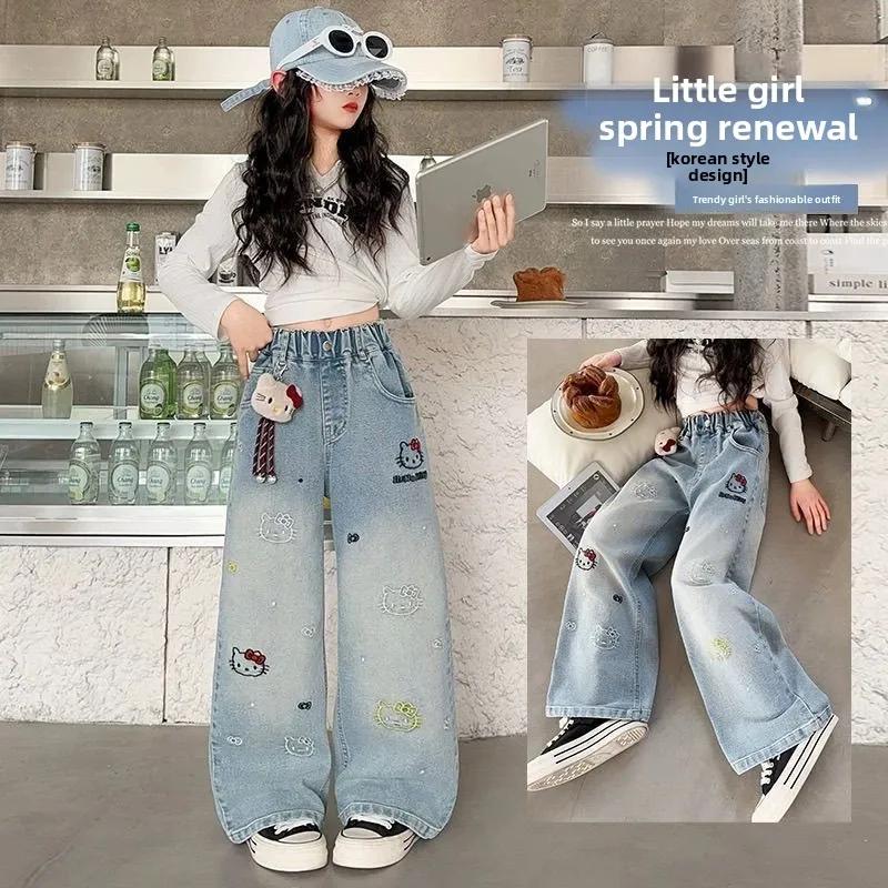 Jeans à jambes larges pour filles, printemps-automne, taille haute, pantalon long, vêtements pour en