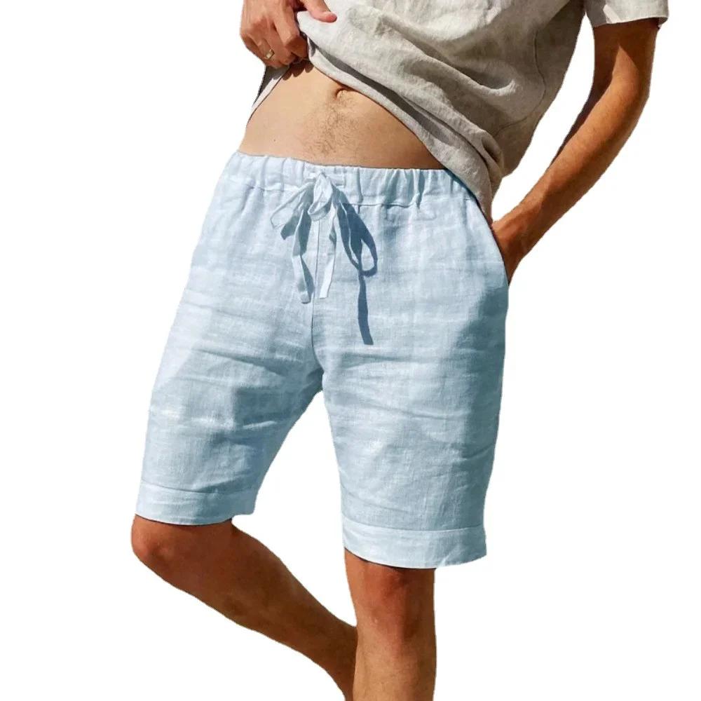 Short en coton et lin respirant pour homme, pantalon de plage hawaïen, solide, document fjadt, stree