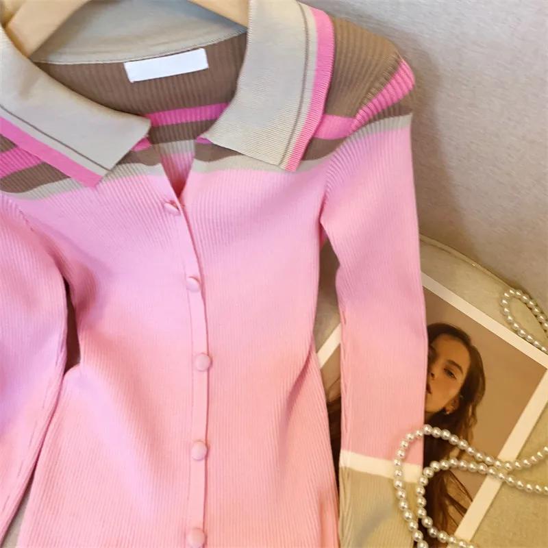 ​ ​ Cardigan ajusté doux en tricot, Style Blazer rose élégant, col contrasté, vêtements de bureau po