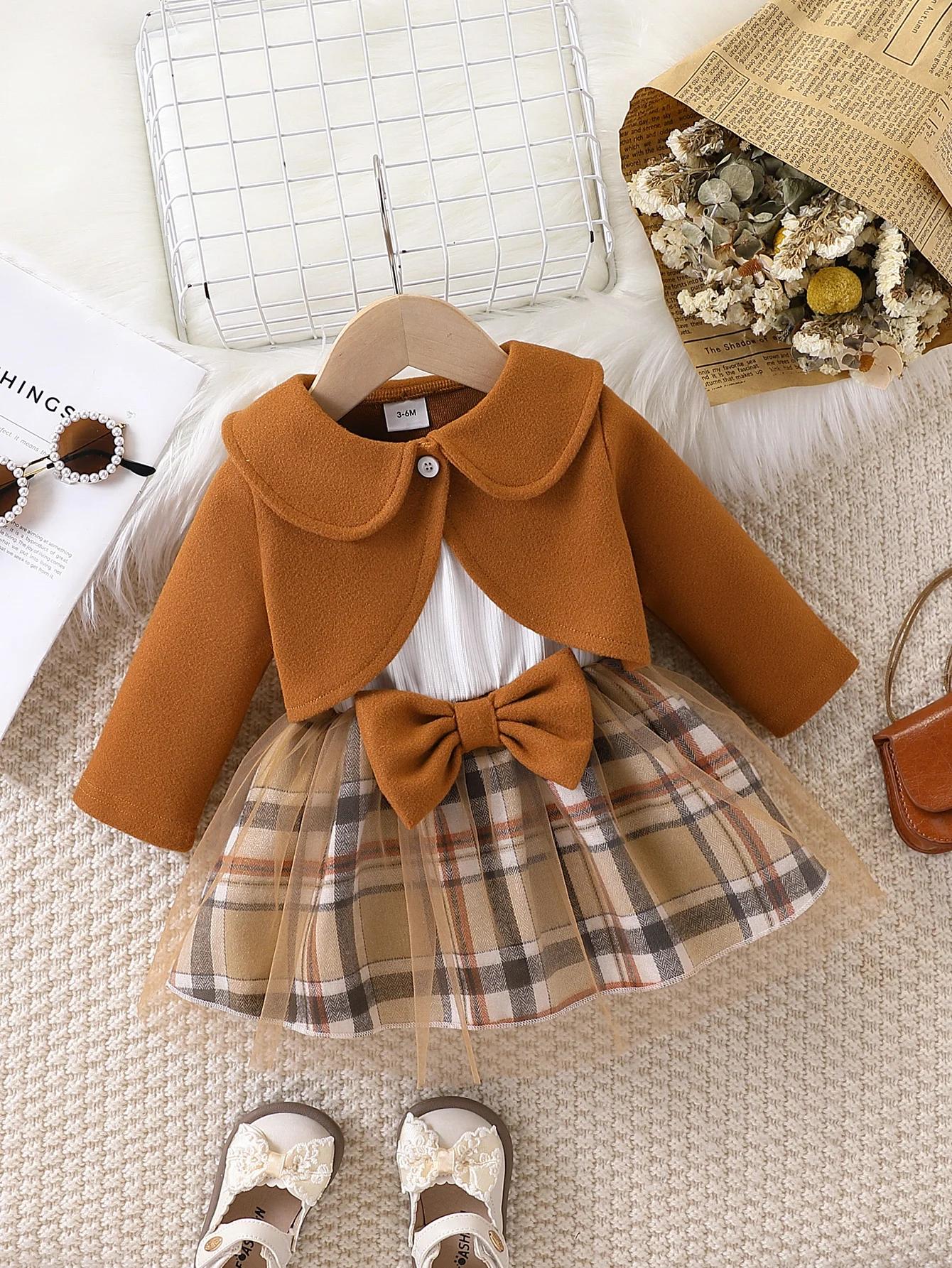 Ensemble jupe et veste courte en tulle à carreaux pour bébé fille