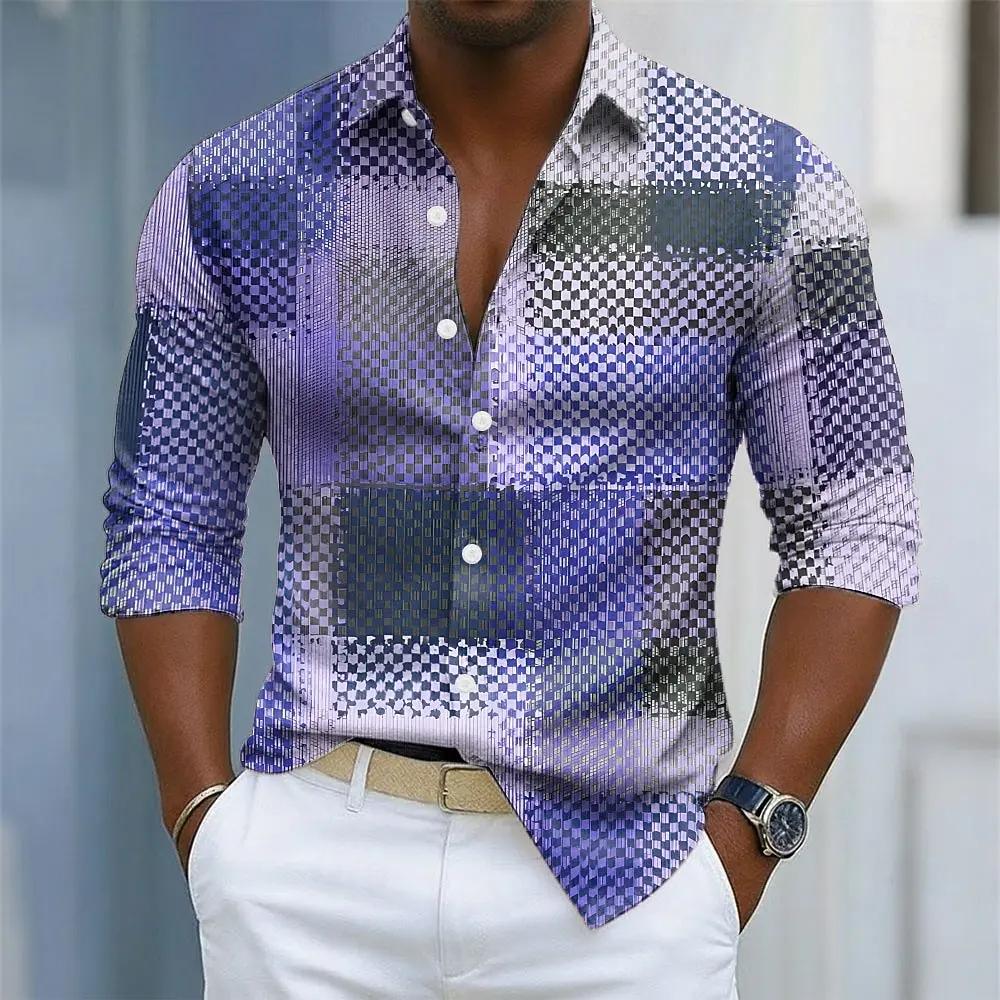 Chemise à carreaux pour hommes, bloc de couleur géométrique, motifs à carreaux, chemise boutonnée, m