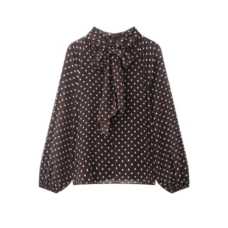 Chemisier élégant à pois pour femme, chemise en mousseline à col superposé et manches lanternes avec