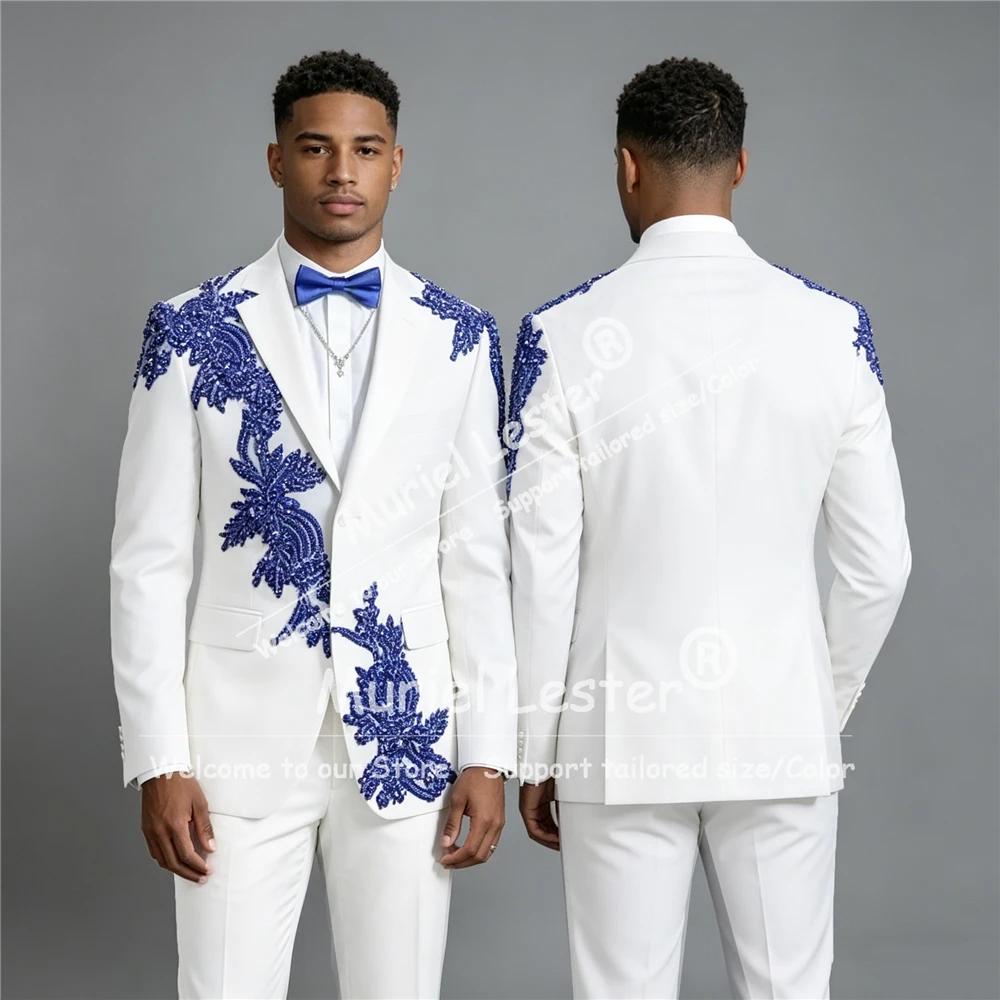 Costumes de mariage exclusifs pour le marié, blazer bleu avec appliques perlées, smoking personnalis