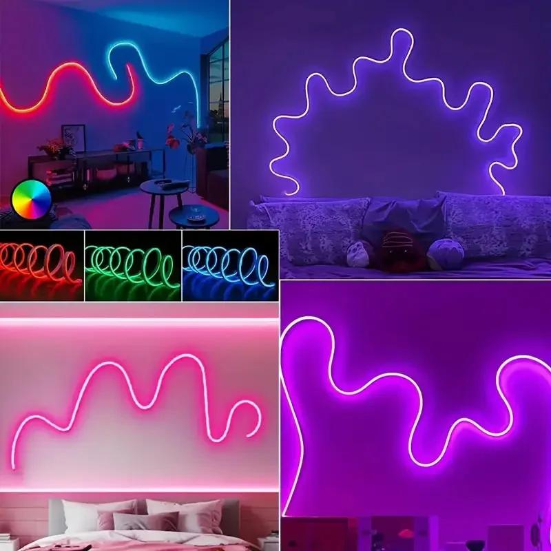 Bande LED néon RGB 3535 DC24V avec prise EU, 5/10/15/20/30M, synchronisation musicale Bluetooth, éta