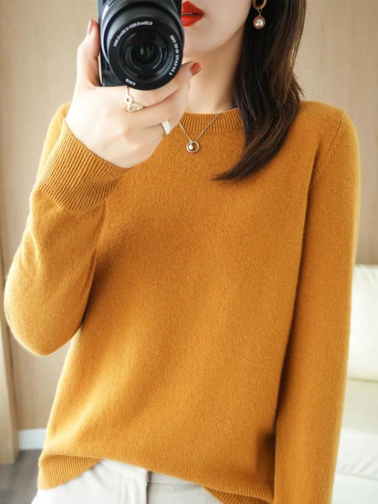 Pull en laine à manches longues et col rond pour femmes, pull basique, tricots en laine mérinos, sty