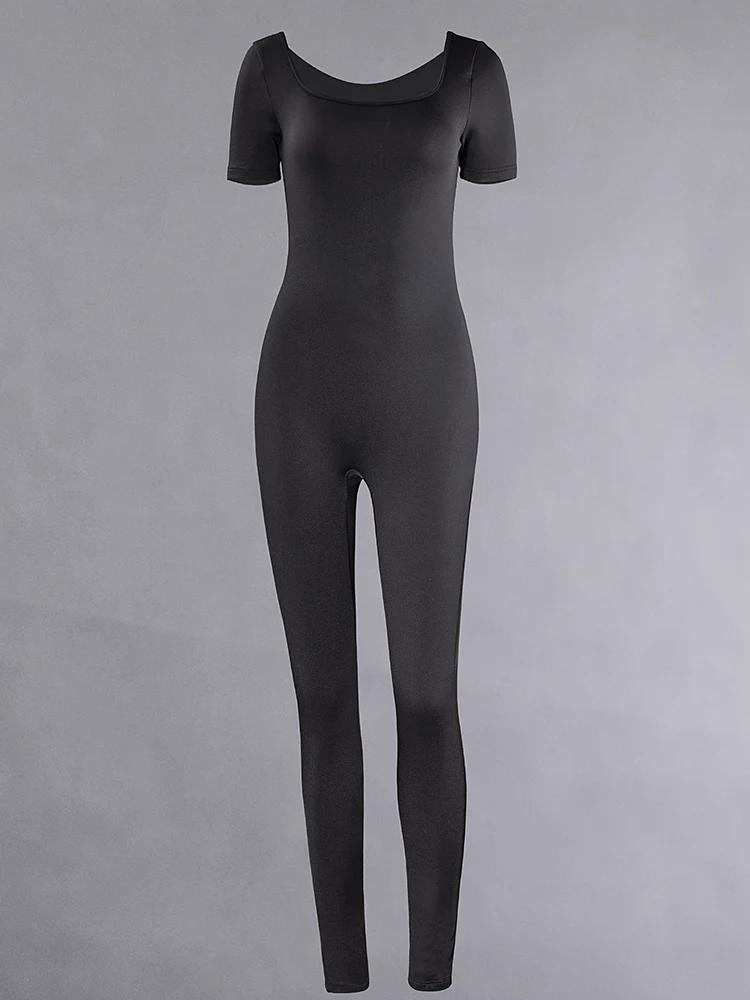 Barboteuse à manches courtes pour femmes, couleur unie, slim, batterie con, combinaisons, sport, fit