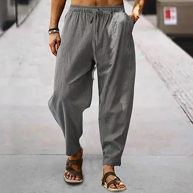 Nouveaux hommes coton lin pantalon été et automne solide taille haute pantalon à jambes larges mâle 