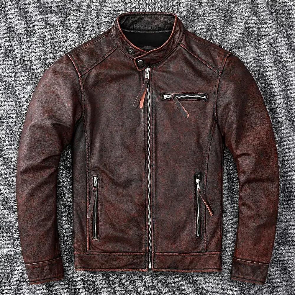 Veste en cuir véritable pour hommes, manteau marron vintage, style motard classique, court, mince, d