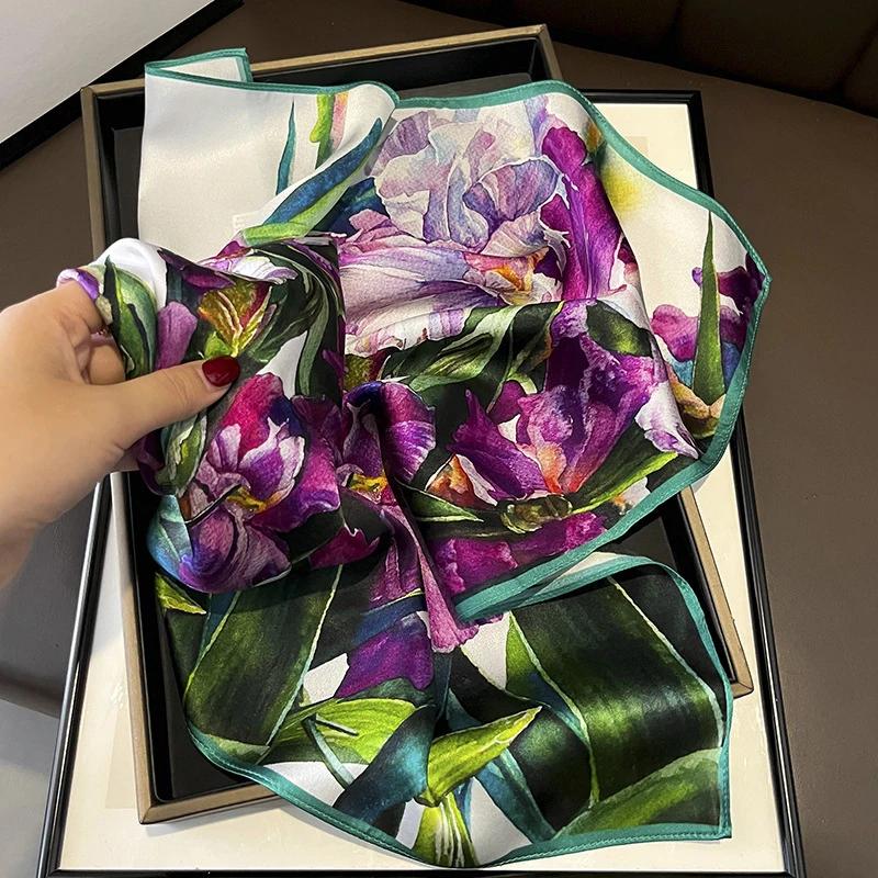 Foulard carré en soie véritable pour femmes, imprimé Floral, châle de luxe, Hijab, bandeau Bandana, 