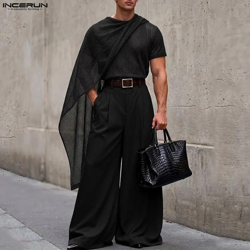 INCERUN T-shirts irréguliers pour hommes, rayés, en maille unie transparente, hauts pour hommes, châ