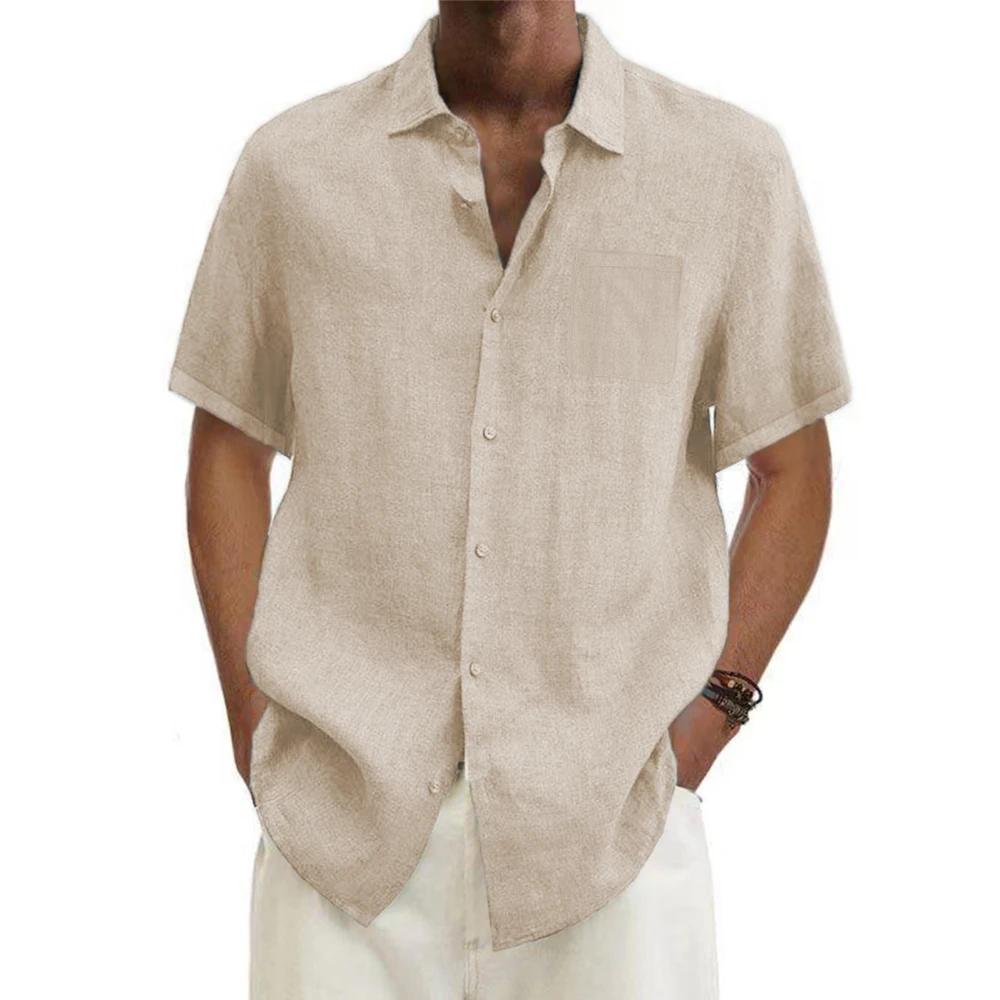 Chemises à manches courtes pour hommes, en coton et lin, couleur unie, col rabattu, décontracté, Sty