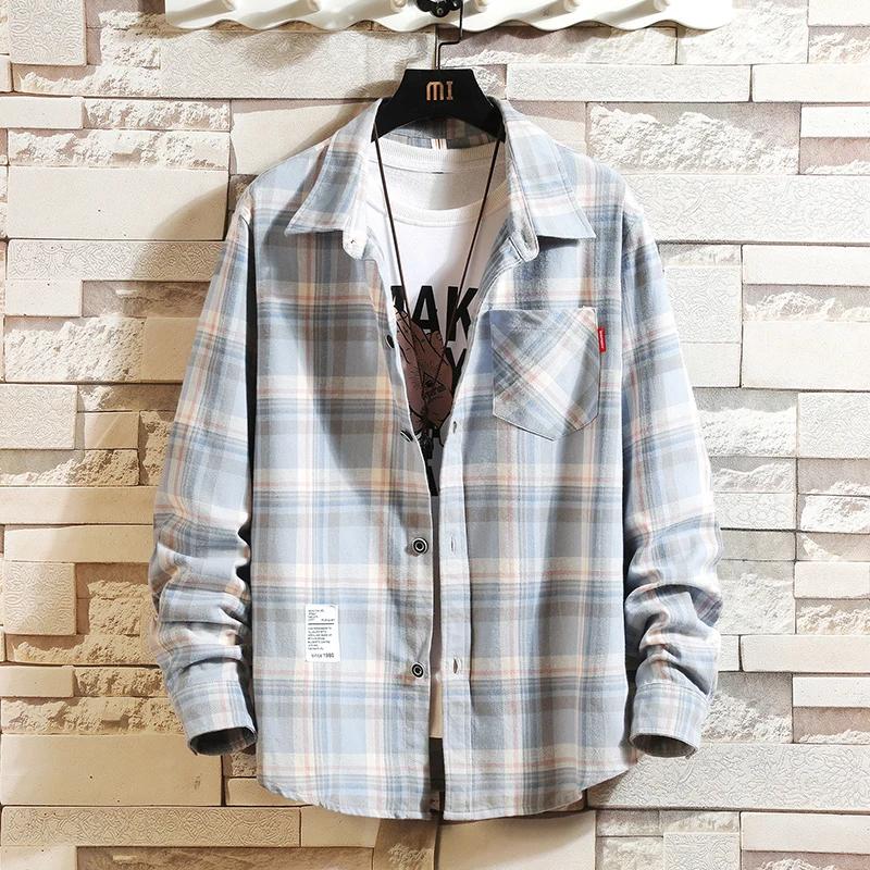 Chemise à carreaux à manches longues pour hommes, col rabattu, poche boutonnée, mode décontractée, é