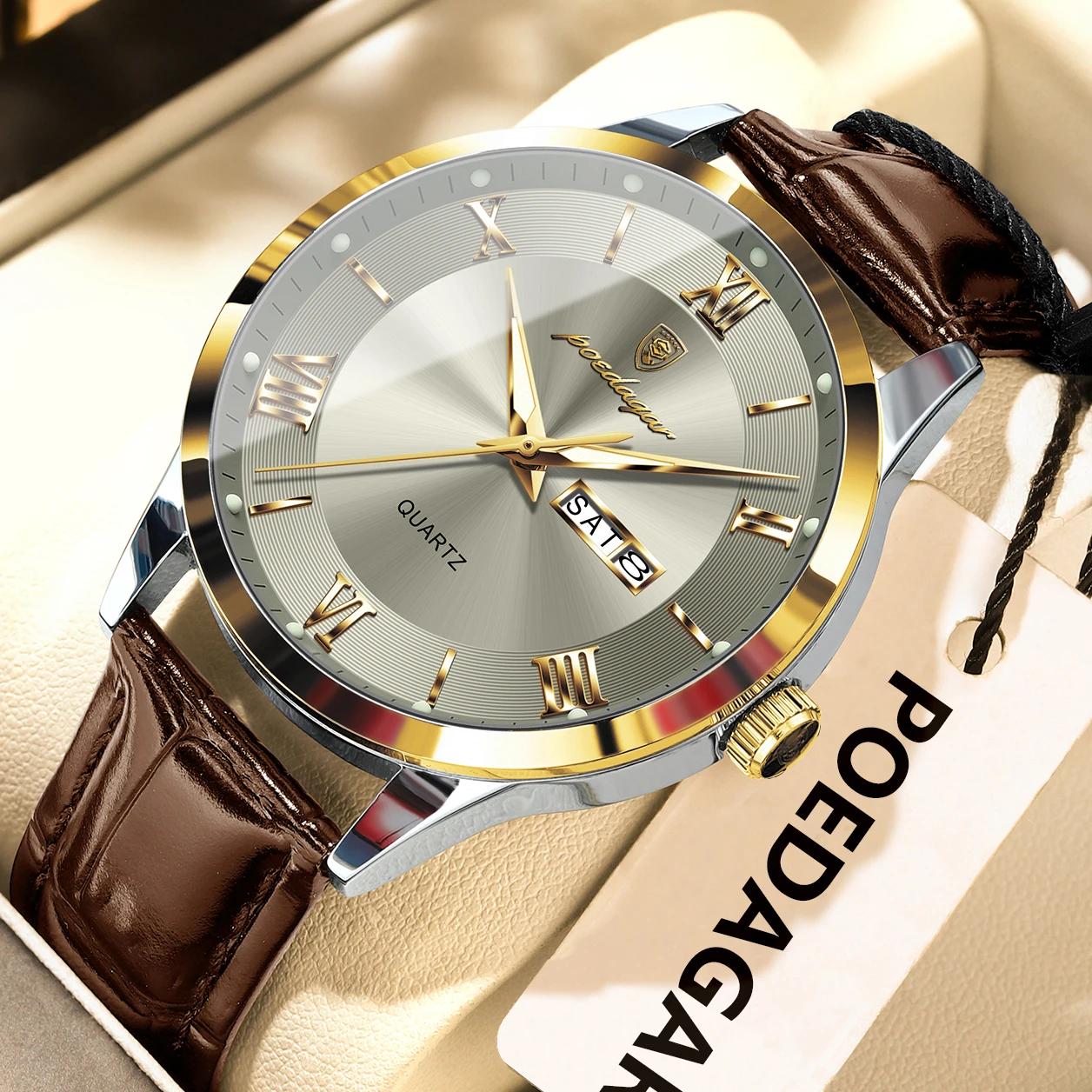 POEDAGAR Original montre de mode pour homme en cuir Date semaine Quartz hommes montre étanche lumine