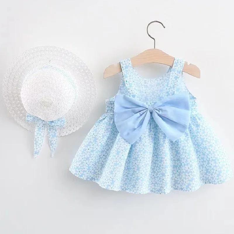 Vêtements d'été pour bébés de 0 à 3 ans, robe de princesse fleurie sans manches avec chapeau et nœud