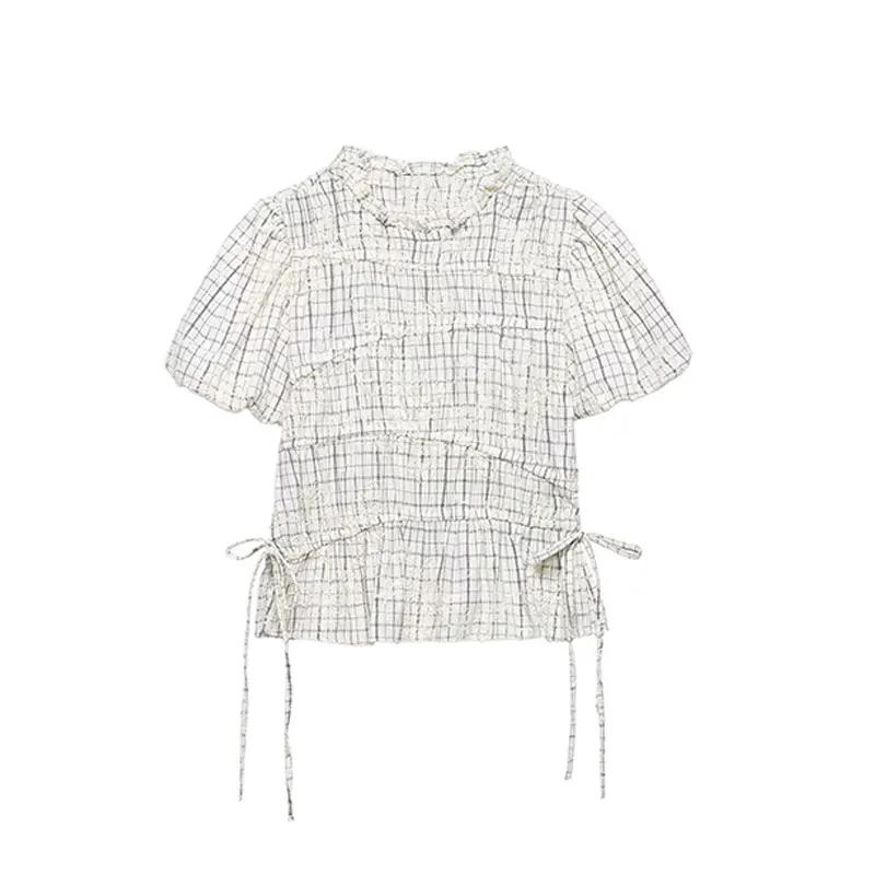 TFAFXY 2026 Ensemble d'été pour femme : Blouse brodée à carreaux avec nœud et jupe longue midi coupe
