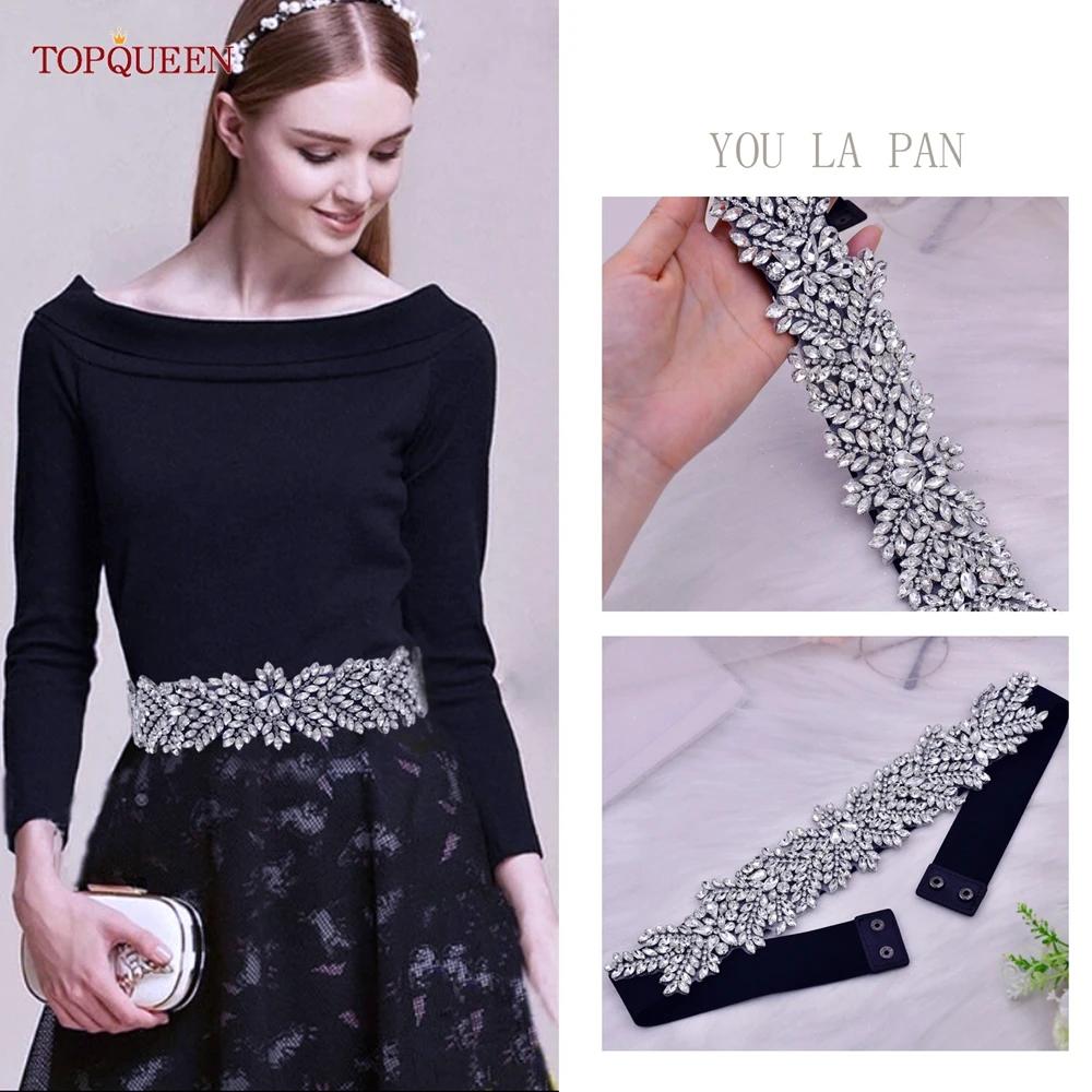TOPQUEEN S420-B femmes noir mode élastique larges ceintures argent strass à la main perlé ceinture r