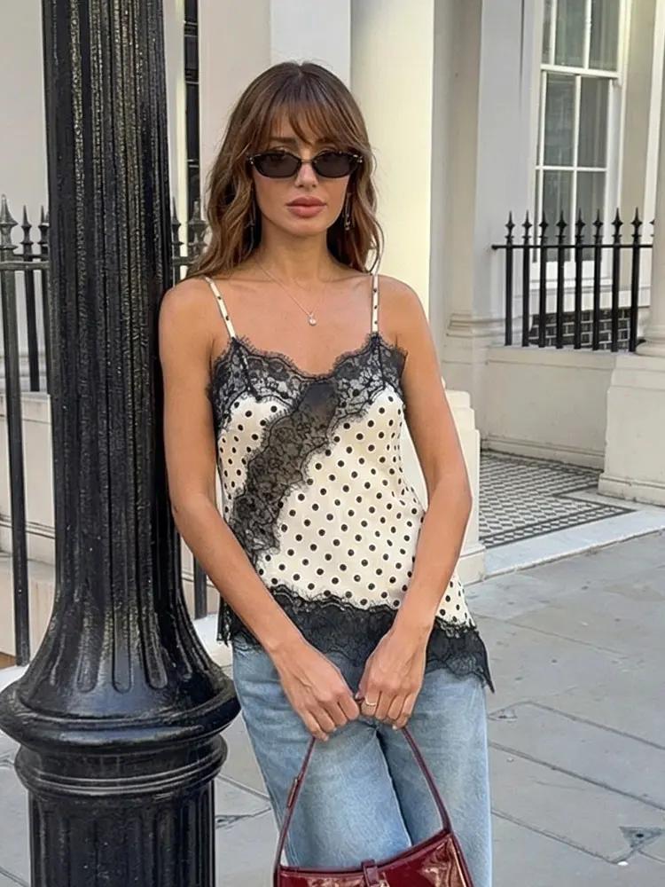 HH Femme Élégante Débardeur à Pois en Dentelle à Ourlet Asymétrique, Camisole Sexy d'Été avec Empièc