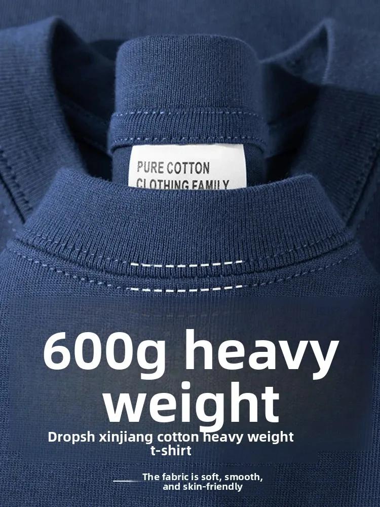 T-shirt en coton kaki épais 600G pour homme, style minimaliste, coupe ample décontractée, manches co