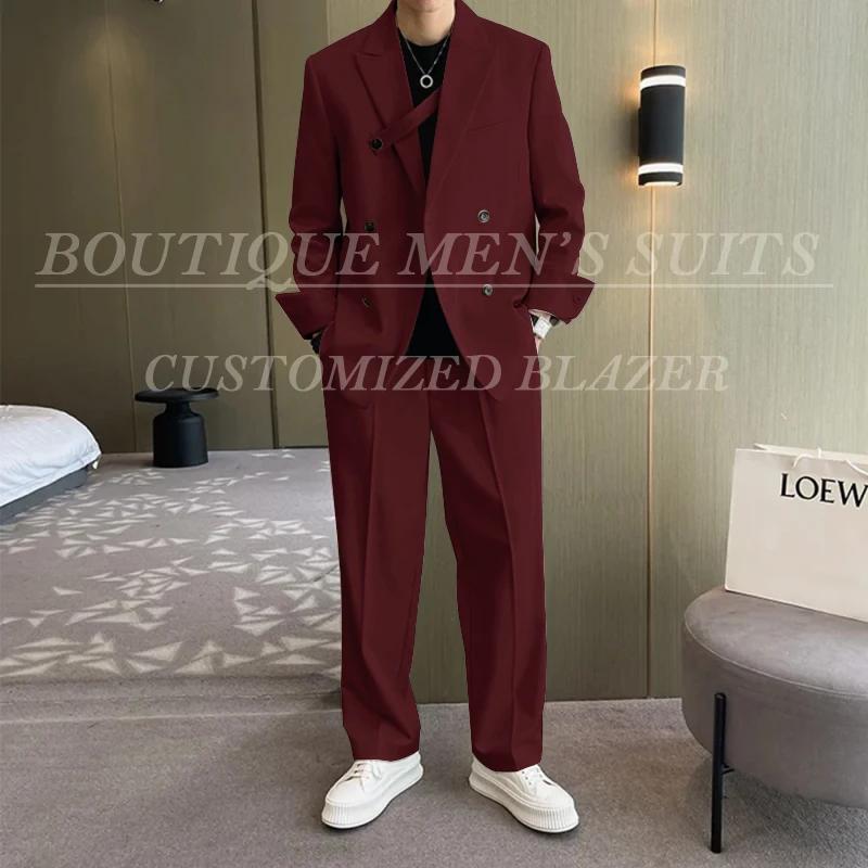 Costumes amples ivoire pour hommes, vêtements pour petit ami, veste et pantalon décontractés, ensemb