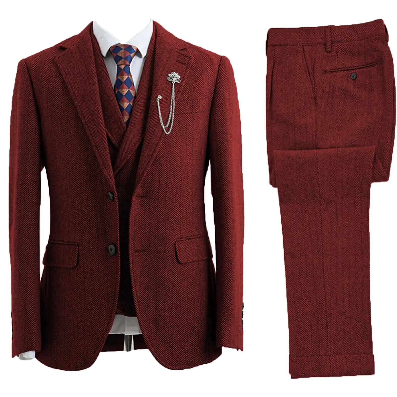 Tuxedos croisés à chevrons en tweed trempé pour hommes, vêtements de mariage, 3 pièces, taille