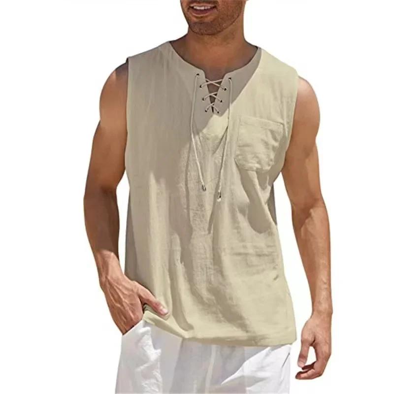 Chemises en coton et lin pour hommes, chemises à lacets rétro, chemise à col en V, précieux, chemise