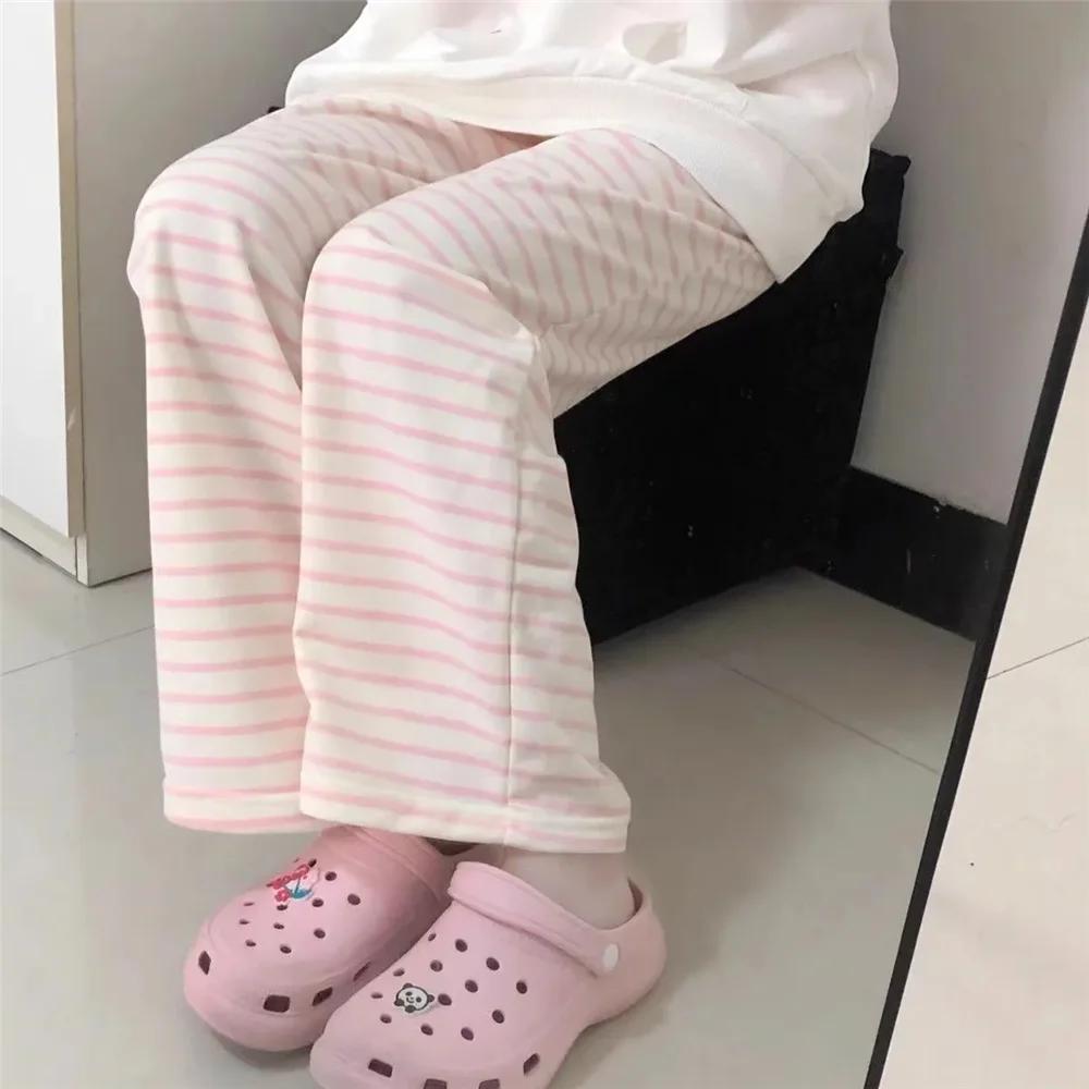 Pantalon rayé Y2K pour femmes, mignon, Kawaii, doux, Harajuku, polaire, sport, mode coréenne, survêt