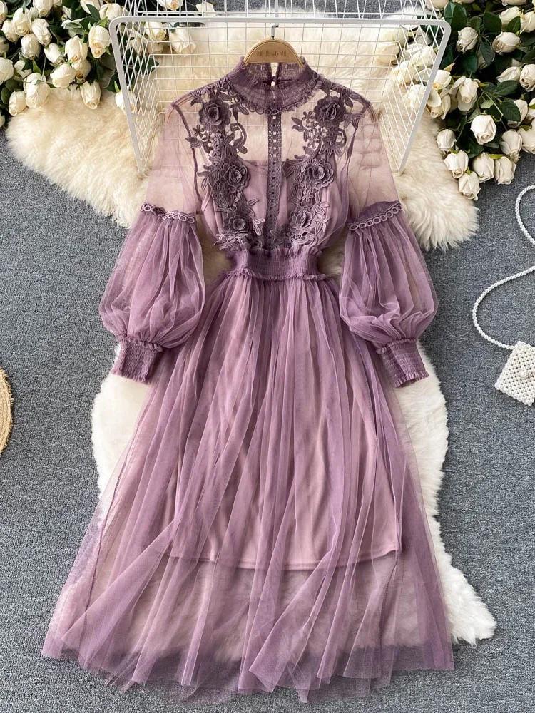 Robe tridimensionnelle pour femmes, crochet à fleurs, maille, tempérament, col montant, manches lant