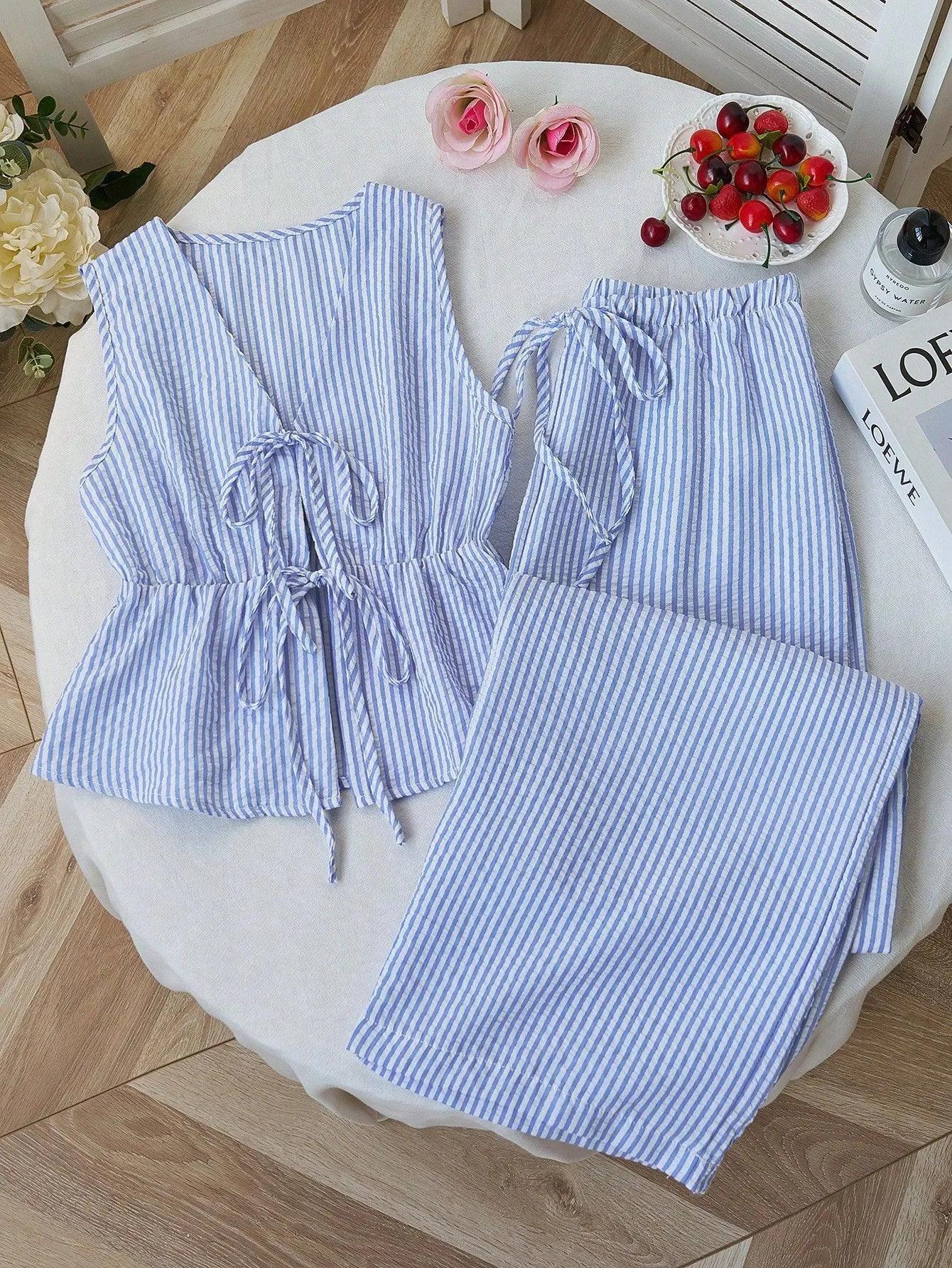 Ensemble deux pièces été 2026 pour femme : Blouse rayée sans manches à col en V et lacets, pantalon 
