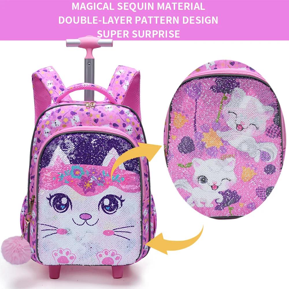 Ensemble de 3 sacs à dos roulants pour filles, sac à livres à roulettes à paillettes de chat de dess