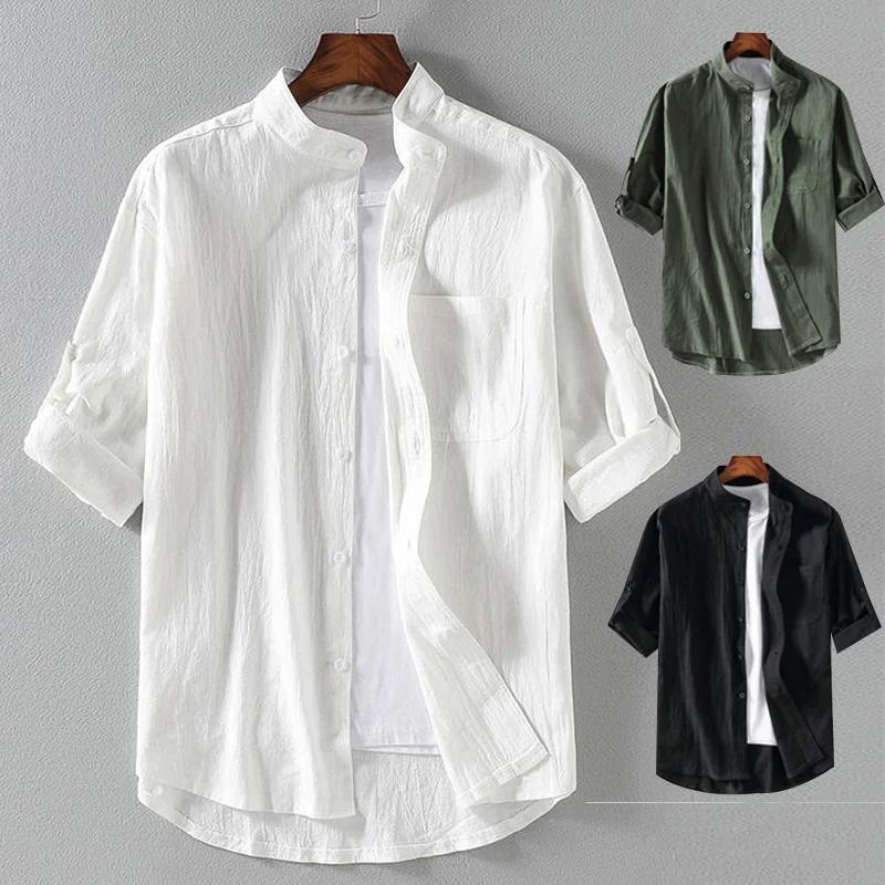 Chemise à manches courtes pour hommes, col montant, cinq points, manches mi-longues, à la mode, manc